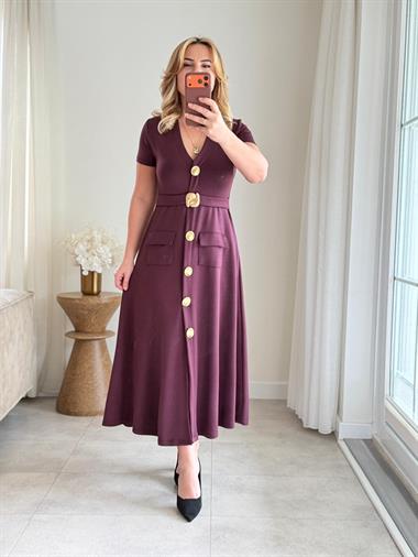 9055 Bordo Gold Aksesuar Cepli Elbise