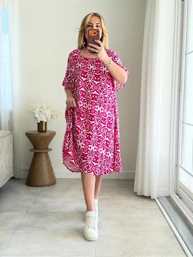 9074 Pembe Beyaz Bisiklet Yaka Pamuk Elbise