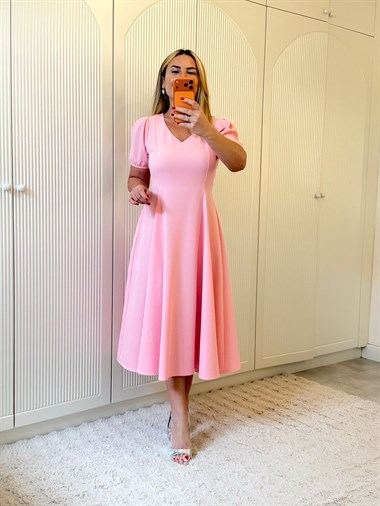 9371 Şeker Pembe Taşlı Premium Elbise