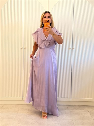 9538 Lila Premium Volanlı Organze Elbise