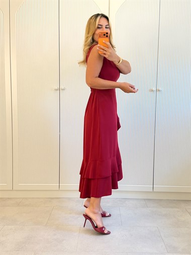 9556 Bordo Valon Detay Premium Krep Elbise
