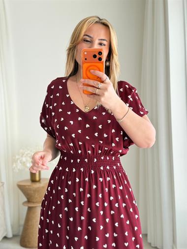 9036 Bordo Yarasa Kol Kalp Desen Elbise