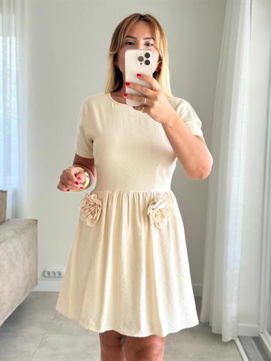 6430 Krem Gül Detay Elbise