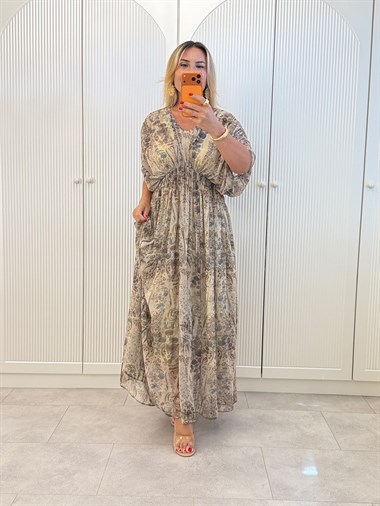 9635 Yeşil Bel Gipeli Şifon Elbise