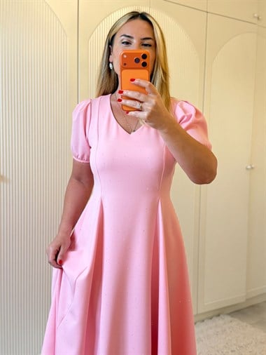 9371 Şeker Pembe Taşlı Premium Elbise