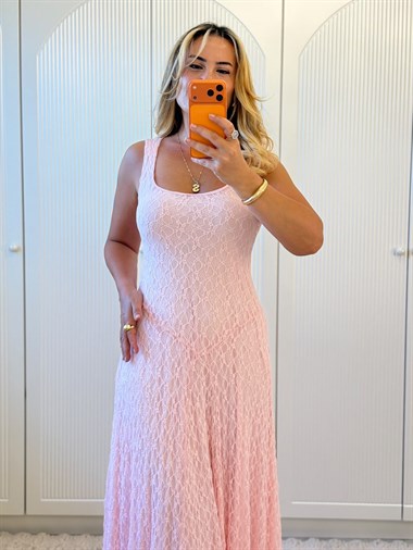 9392 Pembe Askılı Midi Dantel Elbise