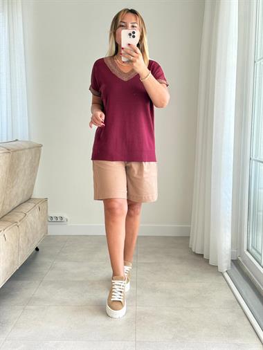 8468 Bordo V Yaka Simli Triko