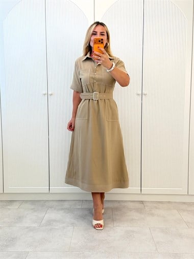 9467 Camel Çitçıtlı Kemerli Elbise