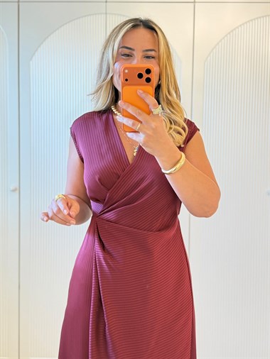 9407 Bordo Premium Kruvaze Yaka Elbise