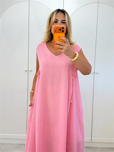 9534 Pembe Fiyonk Detay Keten Elbise