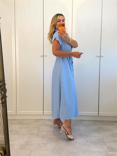 9482 Bebe Mavi Kuşaklı Gömlek Elbise