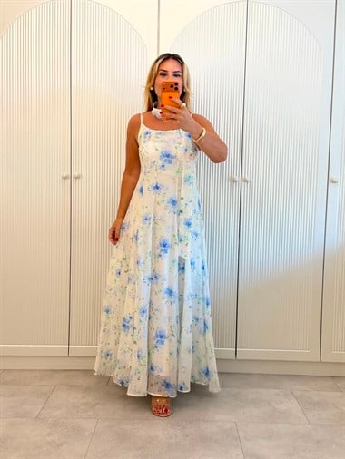 9631 Mavi Çiçek Askılı Şifon Elbise