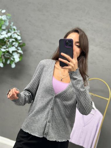 3393 Gri V Yaka Düğmeli Hırka