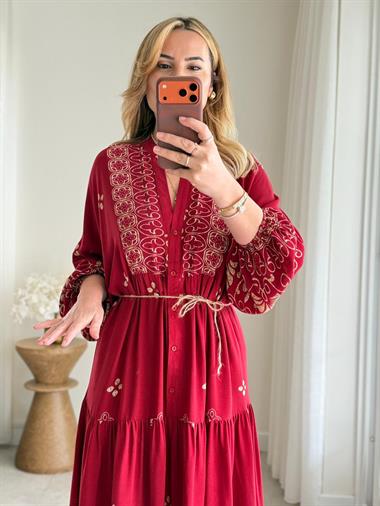 9051 Bordo Hakim Yaka Etnik Desen Elbise