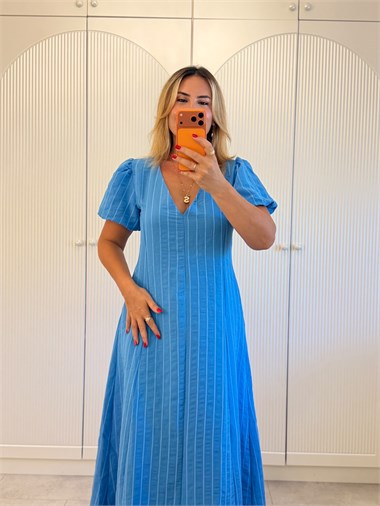9660 Mavi Balon Kol Çizgili Premium Elbise