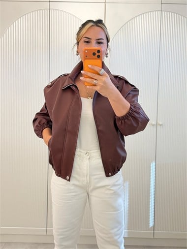 9803 Bordo Suni Deri Bomber Ceket