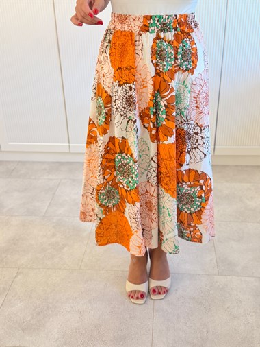 9624 Orange Desenli Midi Etek