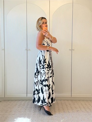 9428 İşlemeli Dokuma Vual Askılı Elbise