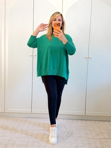 9819 Yeşil Bisiklet Yaka Oversize Triko  