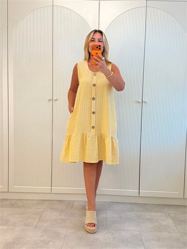 9647 Sarı Çizgili Ahşap Düğme Elbise
