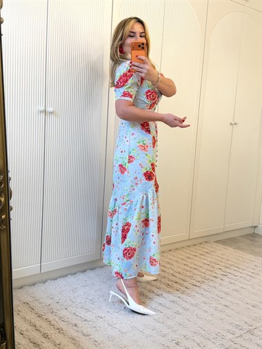 9299 Bebe Mavi Gül Desen Elbise
