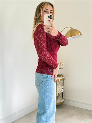 7363 Bordo V Yaka Dantel Bluz