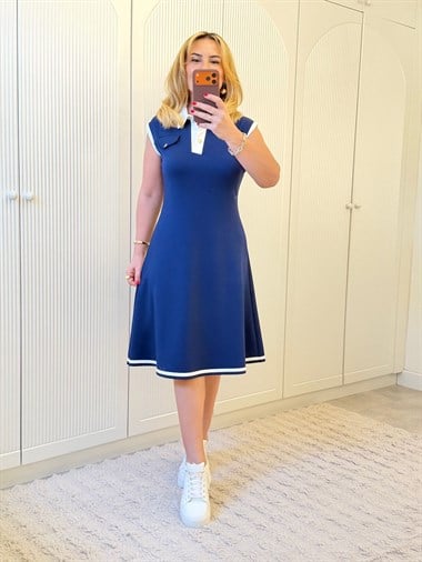 9286 Kolsuz Şerit Detay Lacivert Elbise