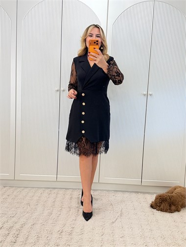 9902 Siyah Premium Dantel Garnili Kruvaze Elbise