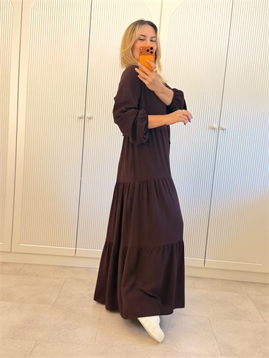 9721 Kahve Maxi Yaka Bağlama Elbise
