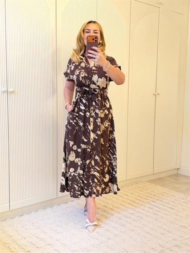 9291 Kahve Gömlek Yaka Kuşaklı Elbise