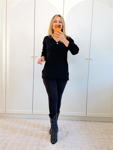 9809 Siyah V Yaka Yırtmaçlı Triko