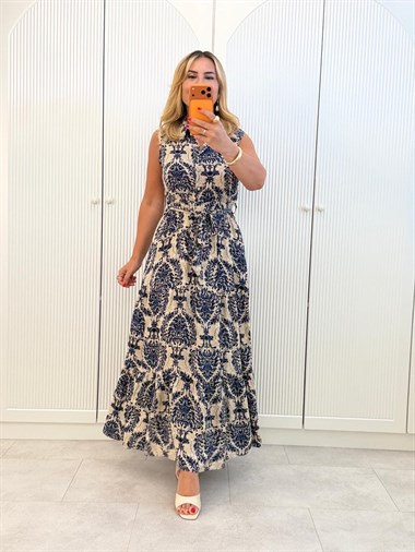9493 Lacivert Desenli Kolsuz Maxi Elbise