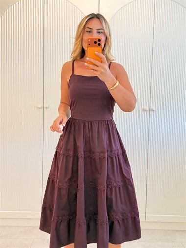 9562 Bordo Dantel Detaylı Premium Elbise