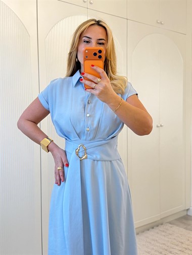 9190 Bebe Mavi Modal Önden Tokalı Elbise
