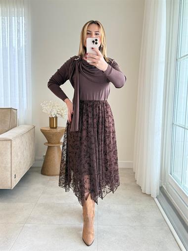 8811 Kahve Şal Detay Bluz