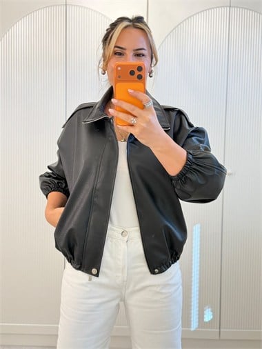 9805 Siyah Suni Deri Bomber Ceket