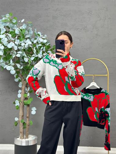 3385 Desenli Kırmızı Kazak