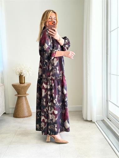 9080 Bordo Batik Desen Maxi Elbise