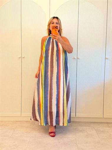 9619 Renk Bloklu Halter Yaka Elbise