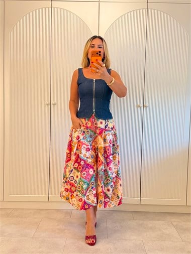 9653 Fuşya Desen Premium Pantolon Etek