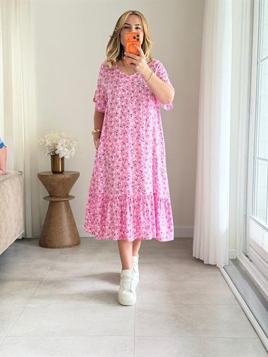 9024 Pembe Çiçekli Etek Ucu Fırfır Elbise