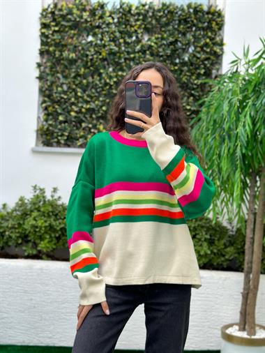 3388 Yeşil Çizgili Renkli Kazak