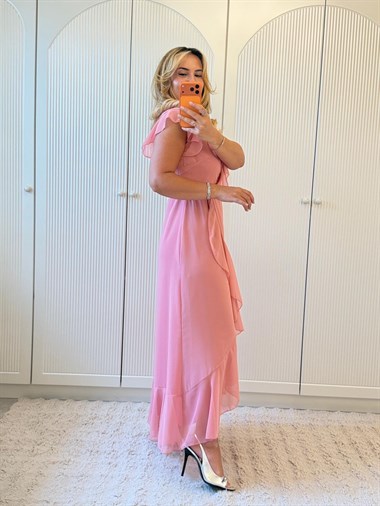 9419 Pembe Premium Kruvaze Volanlı Sifon Elbise