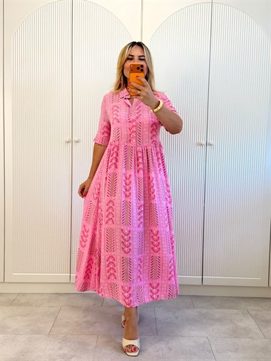 9521 Pembe Yarım Patlı Premium Elbise