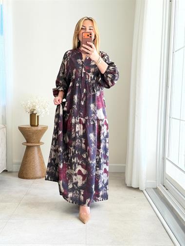 9080 Bordo Batik Desen Maxi Elbise