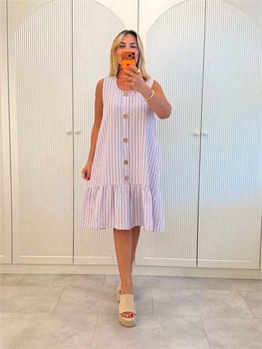 9645 Lila Çizgili Ahşap Düğme Elbise