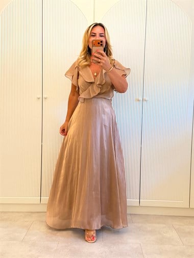 9537 Vizon Premium Volanlı Organze Elbise