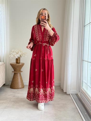 9051 Bordo Hakim Yaka Etnik Desen Elbise