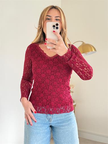 7363 Bordo V Yaka Dantel Bluz