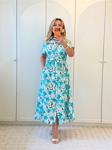 9404 Ekru Turkuaz Desen Gömlek Elbise